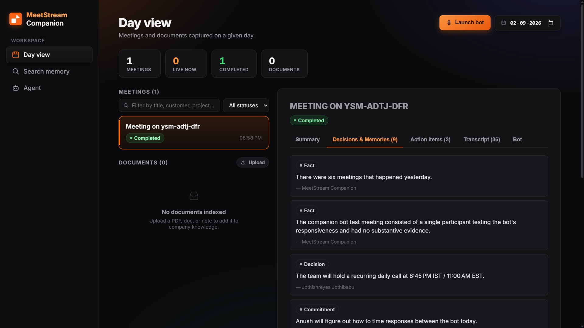 MeetStream Companion decisions and memories